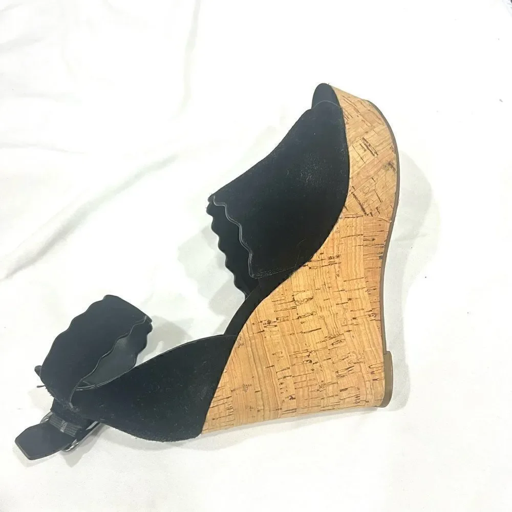 Marc Fisher black suede cork wedges sandals size 6M runs big